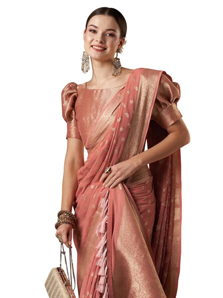 AKHILAM Women’s Georgette Geometric Printed Saree With Unstitched Blouse