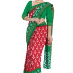 Viswaveda Women’s Pochampally Handloom Silk Tie & Dye Ikat Saree with Green Pallu with Blouse (Red) (V14PP004)