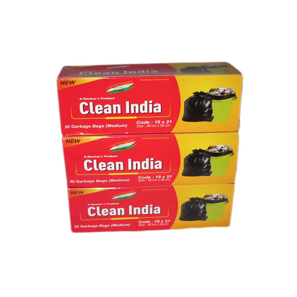 Clean India Black Garbage bag Medium Size combo | Pack of 3 Roll | 90 Bags | 48x56cm | 19x21in | compostable | biodegradable | Suitable for Home Kitchen Toilet Office Dustbin