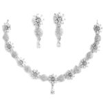 ZENEME Rhodium Plated Silver Toned White American Diamond Studded Necklace With Earring Jewellery Set For Woment and Girl