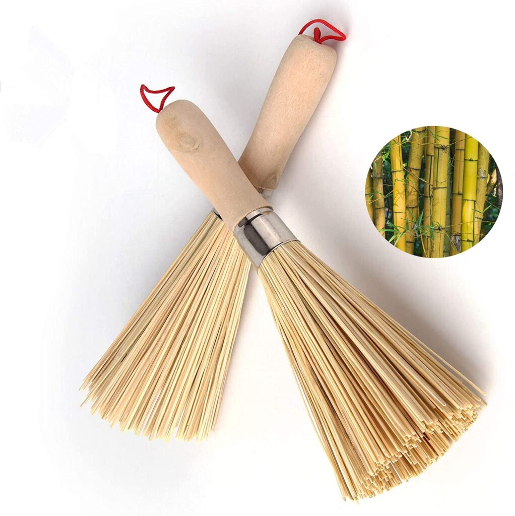 2Pack Traditional Natural Bamboo Wok Brushes , Kitchen Cleaning Brush, Bamboo Kitchen pan Brush, for Cleaning Dishes, Cast Iron Pots, Pans, Vegetables and Sink。