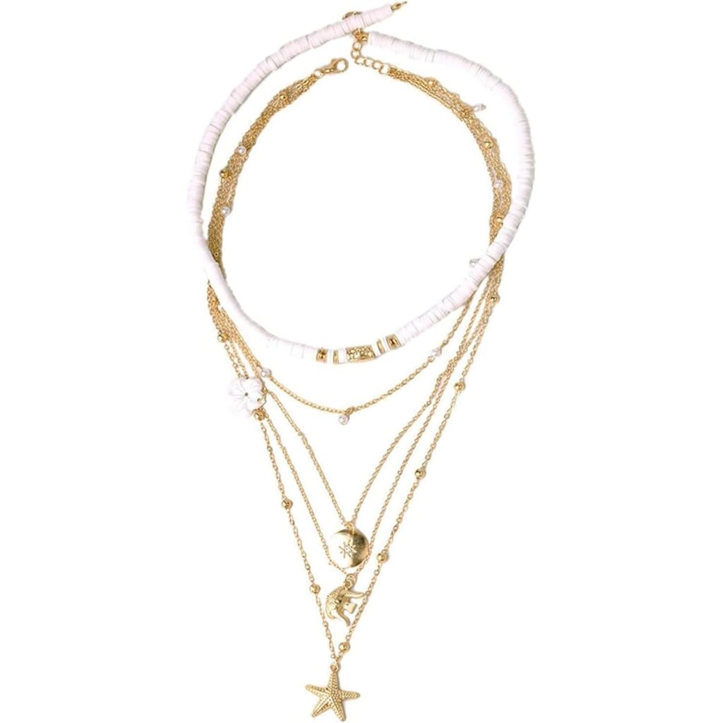 5-Layer Bohemian Layered Necklace for Women | Adjustable Chain for Women Stylish (42-58cm) Gold-Plated Beach Jewellery | Lightweight Neck Chain Stylish (28.9g)