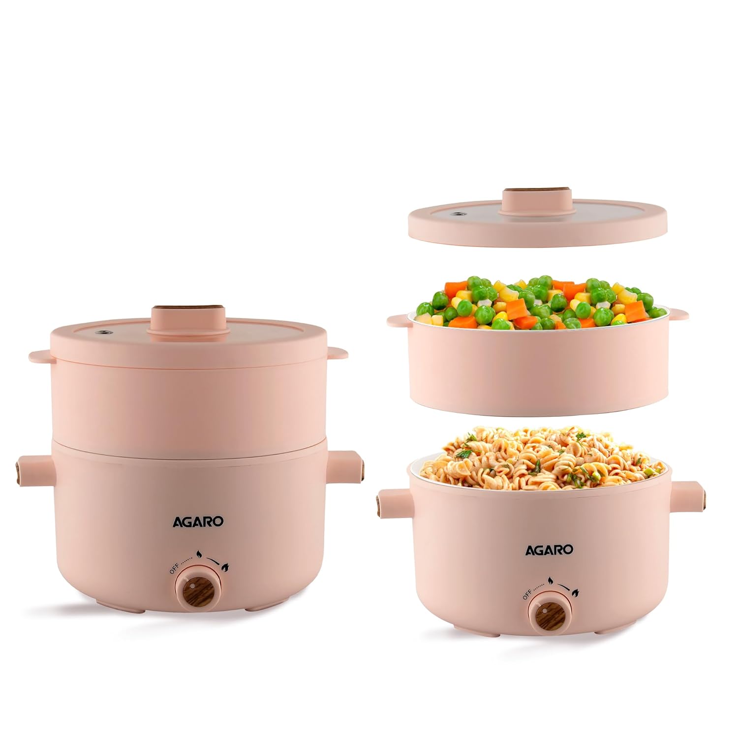 AGARO Primo Multi Function Pot 2L, Double Layered Body, Ceramic Coated Inner Pot, Variable Temperature Settings, Wide Mouth, Transparent Lid, Cooking, Boiling, Steaming, Egg, Vegetable