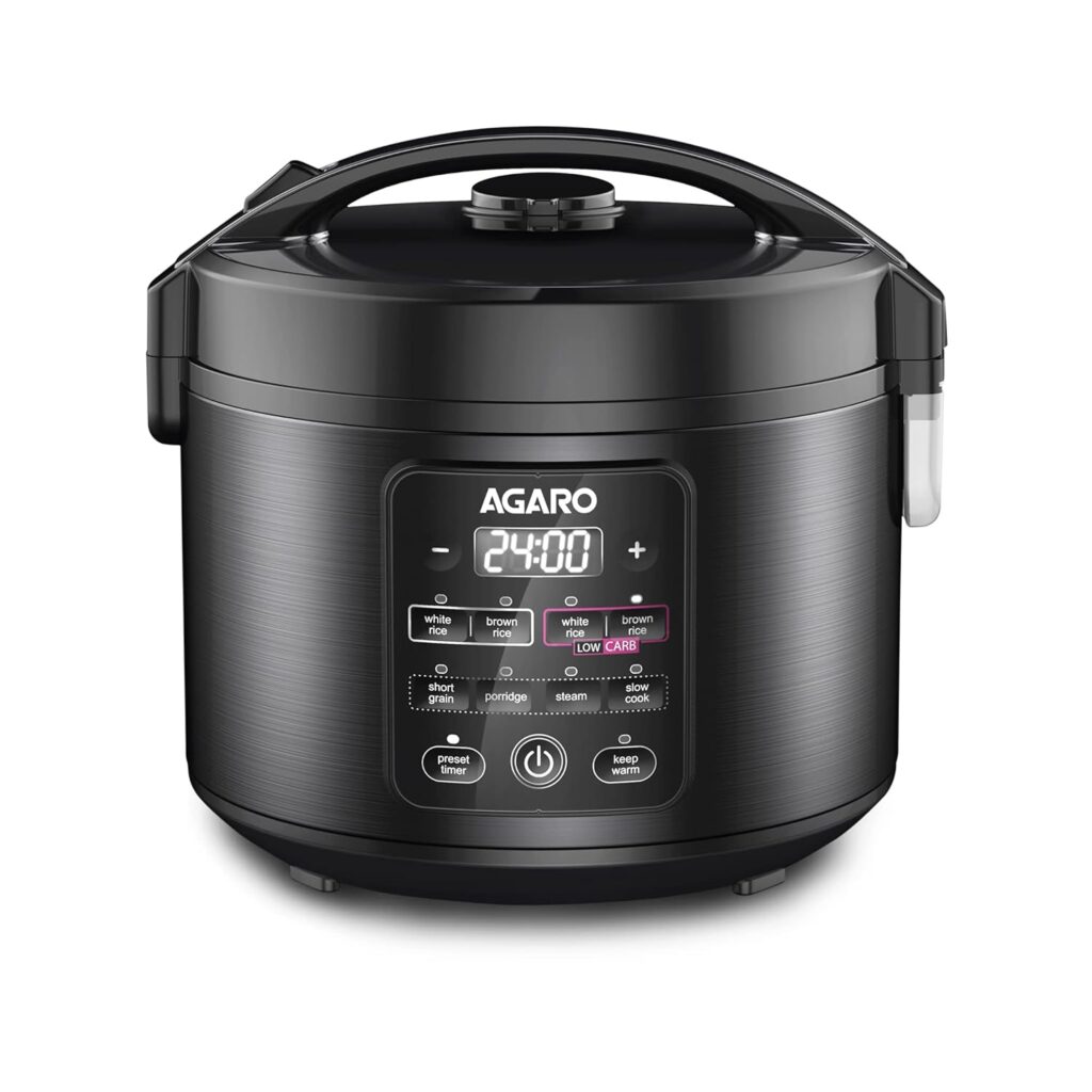 AGARO Regal Electric Rice Cooker, 3 Litres Ceramic Inner Bowl, 750gms (approx. 5 cups) raw rice, SS Steamer, Preset Cooking Functions, Preset Timer, Keep Warm Function, LED Display, Black AGARO Regal Electric Rice Cooker, 3 Litres Ceramic Inner Bowl, 750gms (approx. 5 cups) raw rice, SS Steamer, Preset Cooking Functions, Preset Timer, Keep Warm Function, LED Display, Black