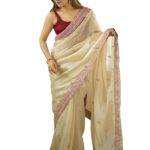 AKHILAM Women’s Cream Organza Embellished Saree With Unstitched Blouse Piece (AARYAN17501_KR)