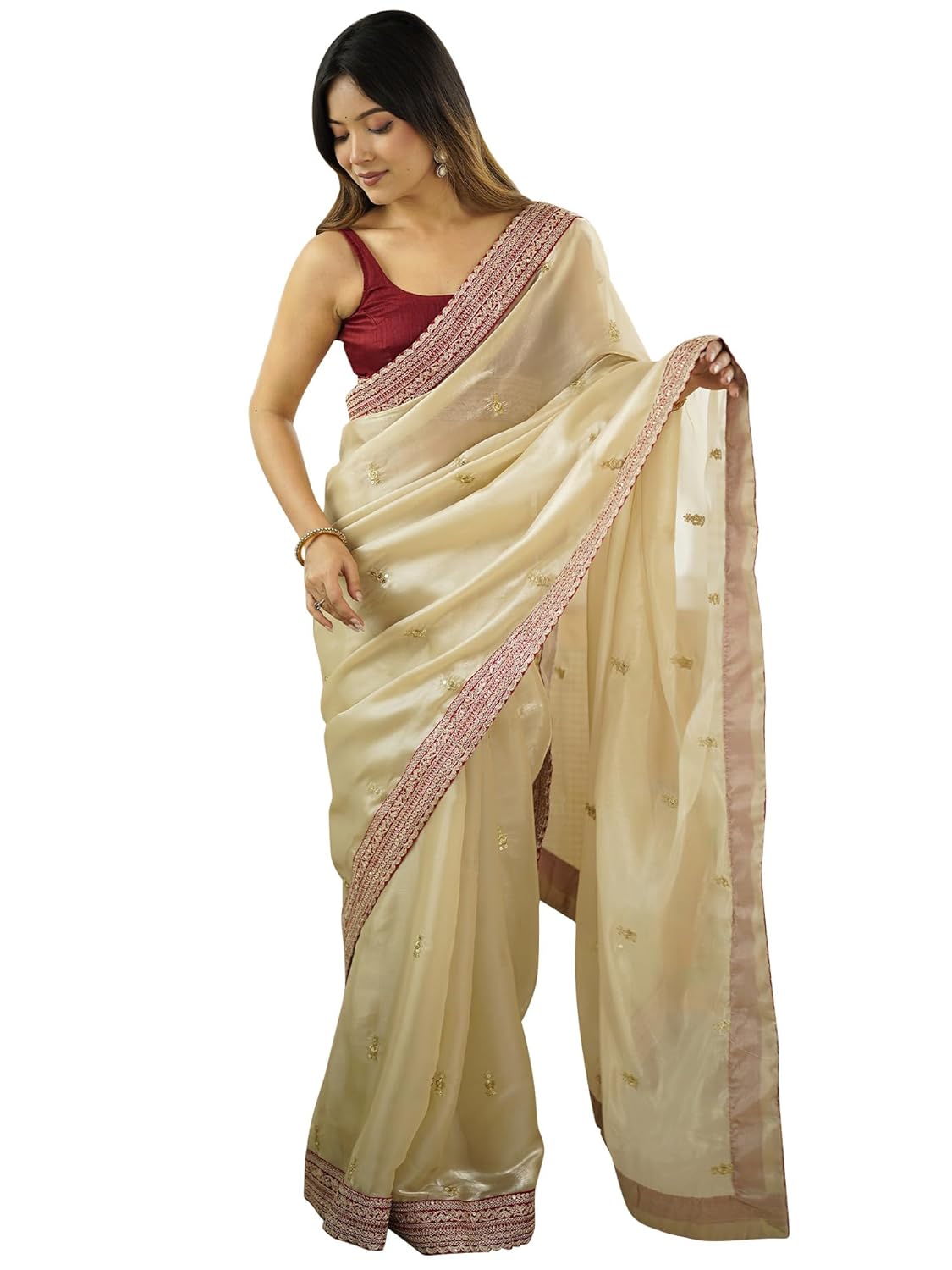 AKHILAM Women’s Cream Organza Embellished Saree With Unstitched Blouse Piece (AARYAN17501_KR)