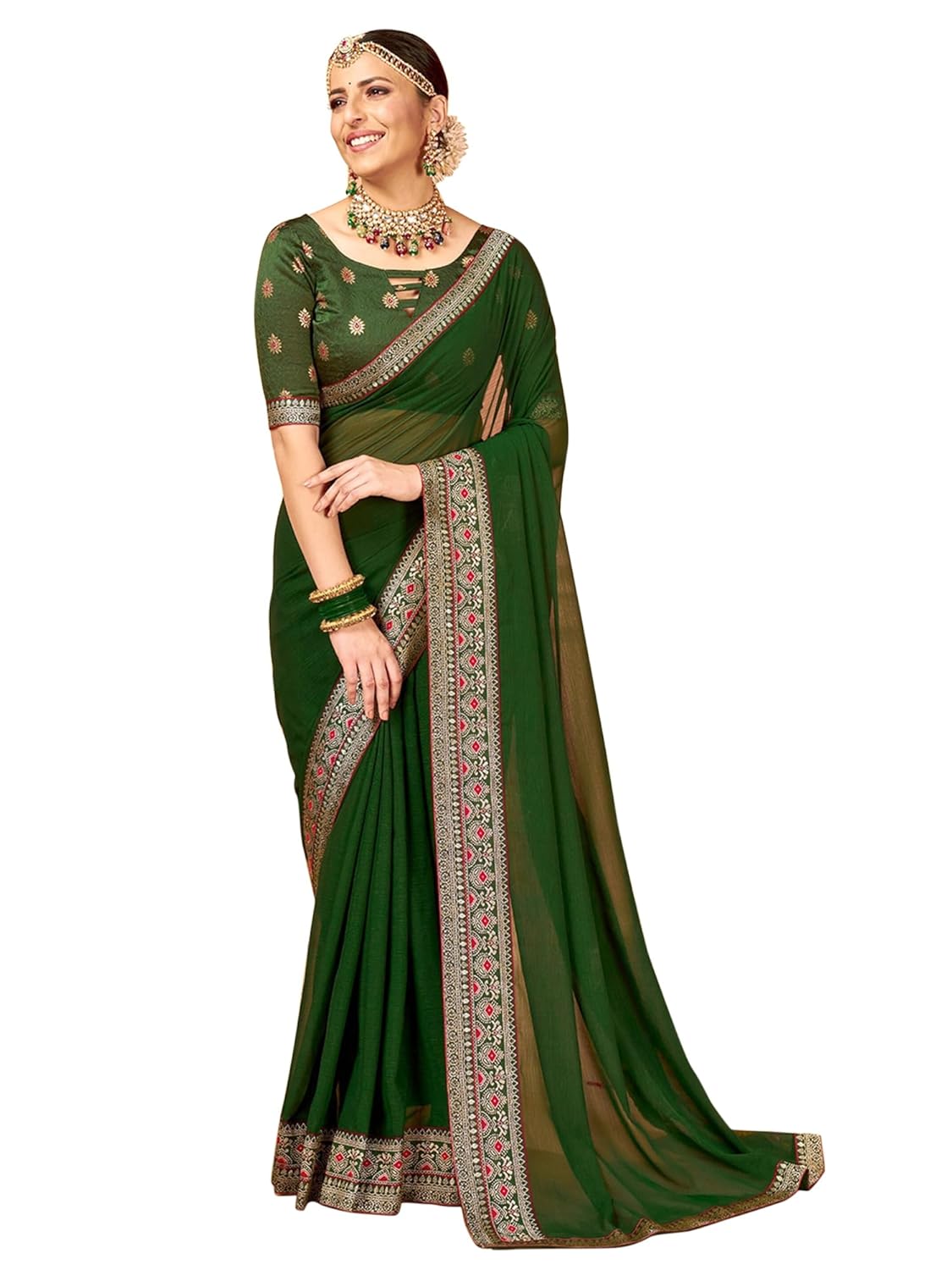 AKHILAM Women’s Georgette Embellished Designer Saree With Unstitched Blouse Piece
