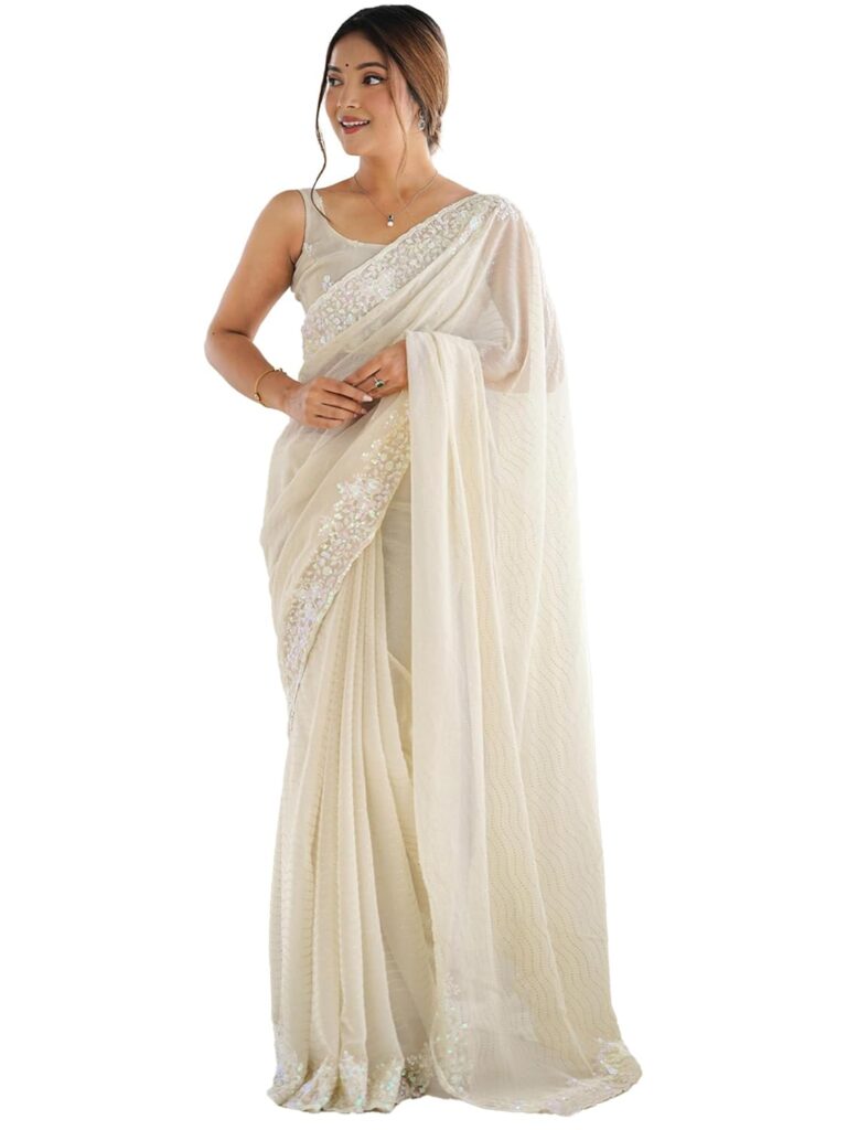 AKHILAM Women’s Georgette Embellished Saree With Unstitched Blouse