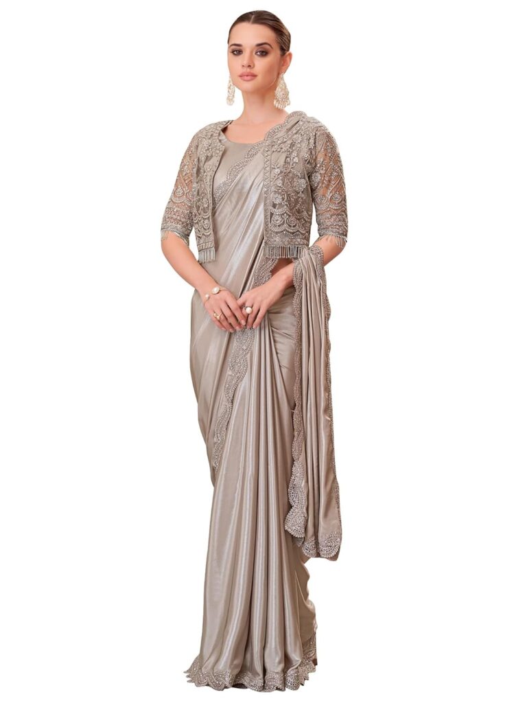 AKHILAM Women’s Multicolor Satin Silk Embroidered Saree With Unstitched Blouse Piece (SILVER31001_TFH_Parent)