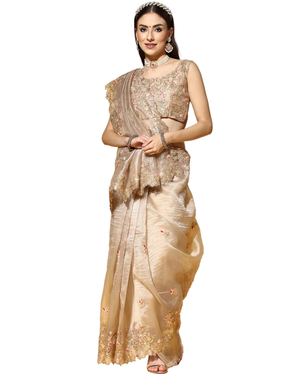 AKHILAM Women’s Organza Embroidered Saree With Unstitched Blouse Piece