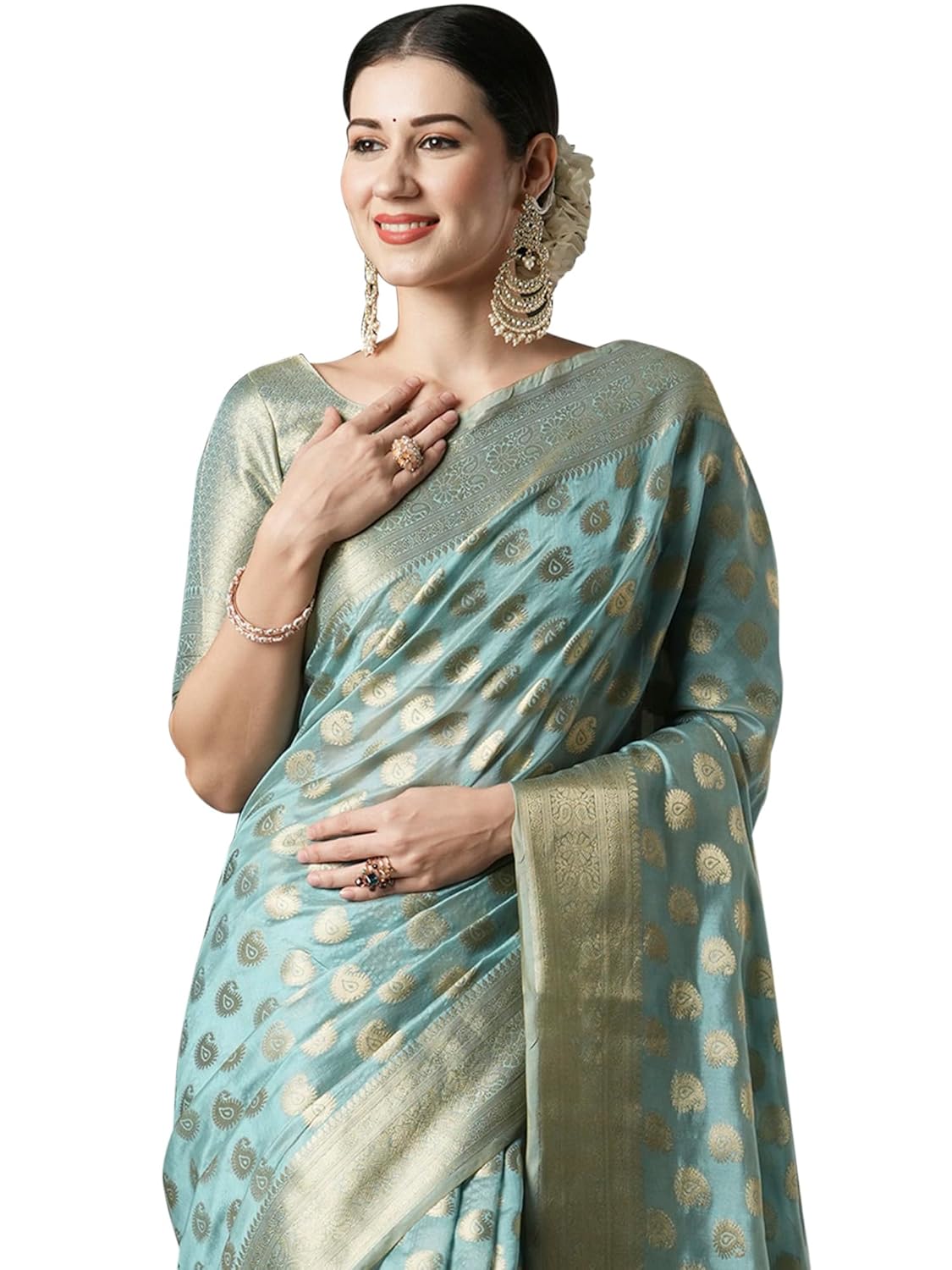 AKHILAM Women’s Organza Ethnic Motif Woven Design Saree With Unstitched Blouse Piece(UNATI4001_AC_Parent)