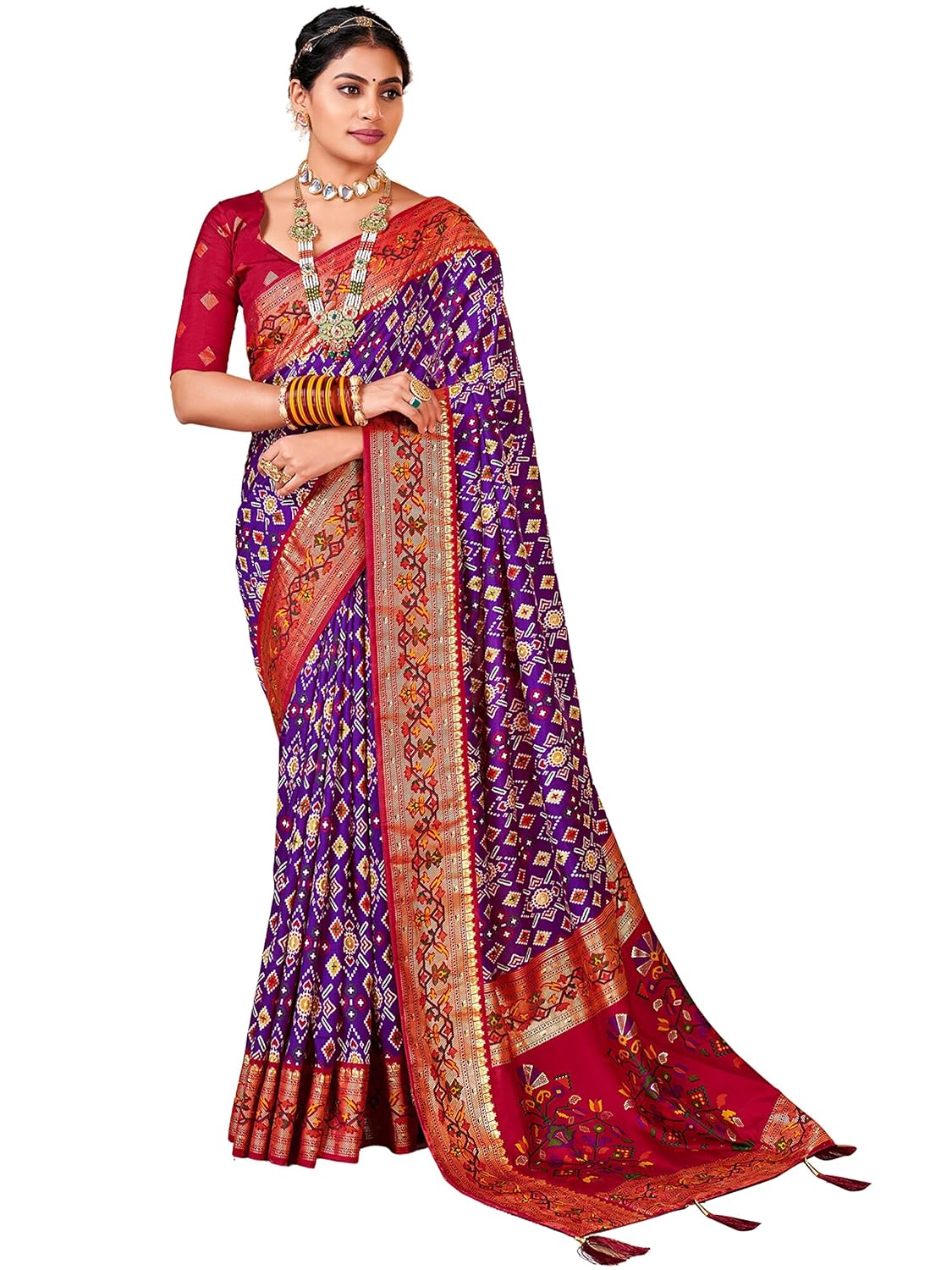AKHILAM Women’s Tussar Silk Ikat Printed Saree With Unstitched Blouse Piece