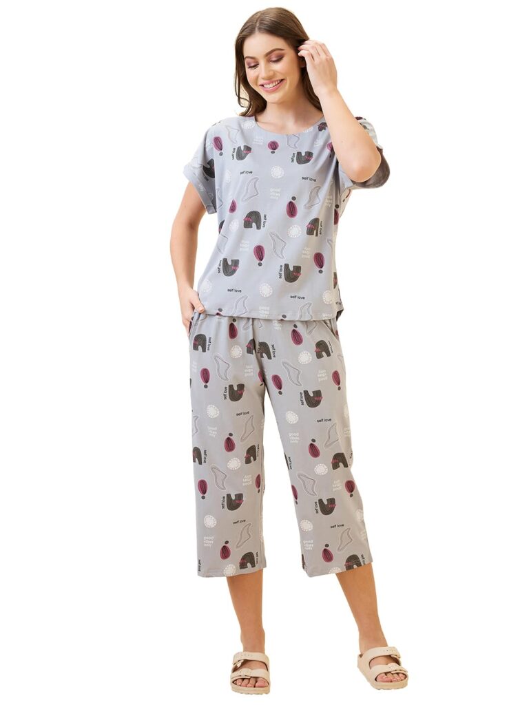 AV2 Women’s Cotton Printed Round Neck Short Sleeve Night Suit Set | Capri Set | Casual Night Dress for Women-2895