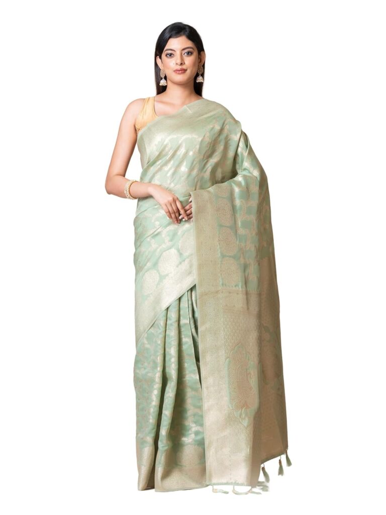 Aishwarya Sarees Women’s Banarasi Silk Saree With Unstitched Blouse Piece. Pure Kanjivaram Silk Saree Banarasi Silk Saree. Women’s Kanjivaram Soft Lichi Silk in Silver Zari (Pastel Olive Green)