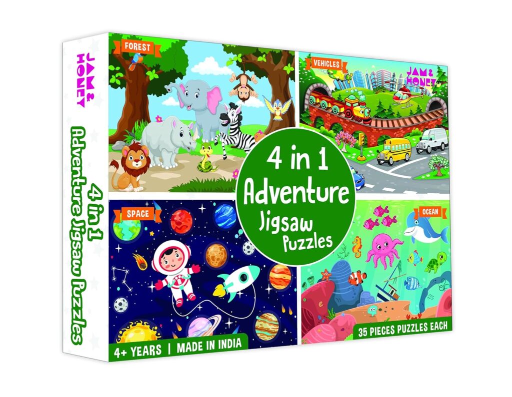 Amazon Brand – Jam & Honey 4 in 1 Adventure – Puzzles for Kids | 35-Piece Puzzles | Educational Toy for Cognitive Development | Vibrant Colors Amazon Brand – Jam & Honey 4 in 1 Adventure – Puzzles for Kids | 35-Piece Puzzles | Educational Toy for Cognitive Development | Vibrant Colors