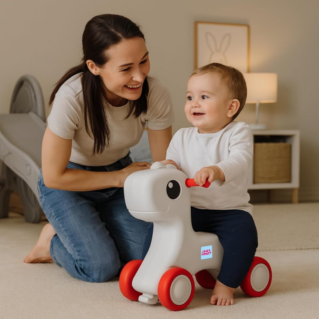 Amazon Brand – Jam & Honey Baby Pony Push On Ride On for Kids | Backrest | Easy Grip | Four Wheel | Durable and Safe | Non-Toxic | Portable | Lightweight | Animal Theme | 1-4 Years Old | Red & Grey