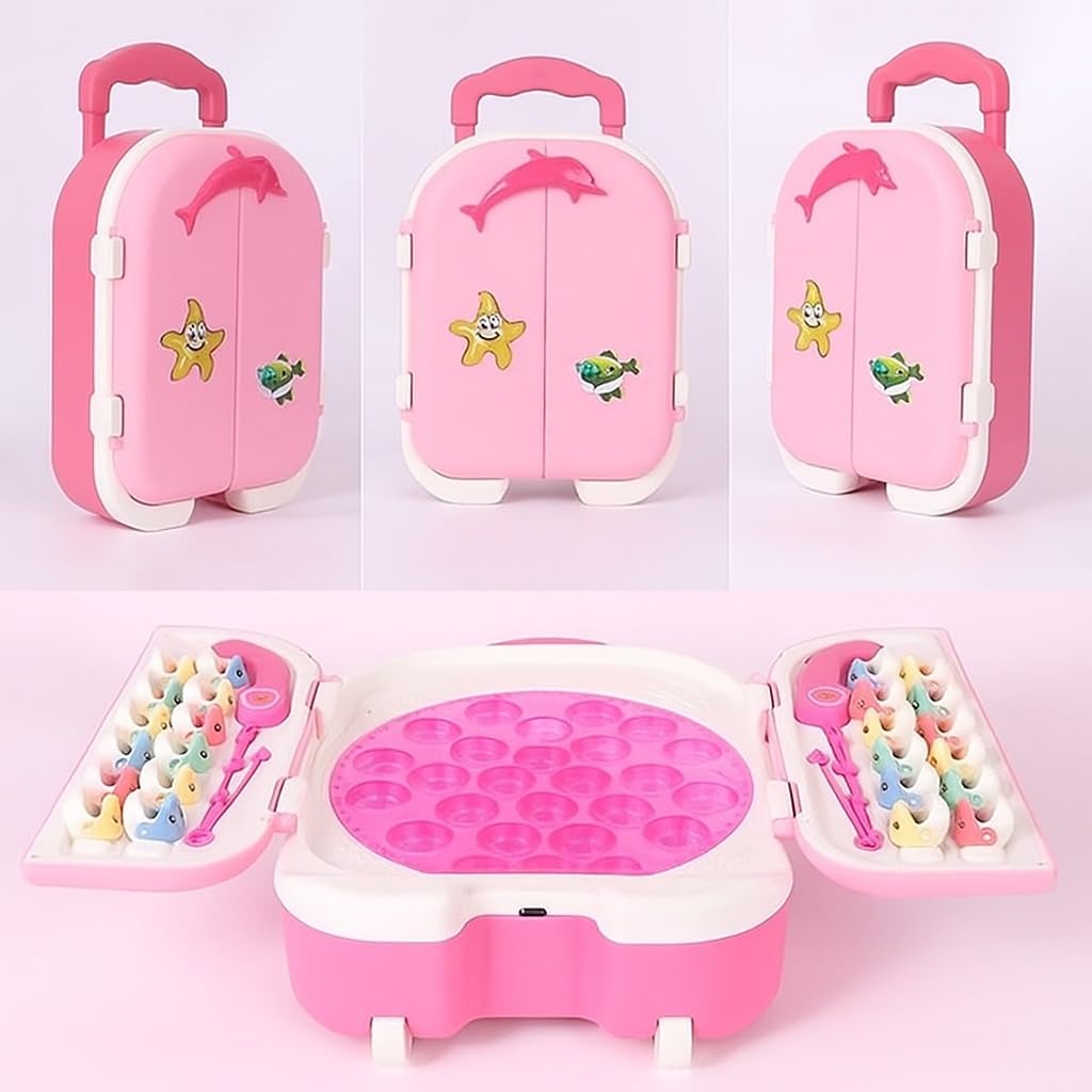 Amazon Brand – Jam & Honey Magnetic Fishing Game for Kids – 2 Player Toy with 24 Magnetic Fishes, Lights & Music, Rechargeable with Type-C Charging, Trolley Design | Magnetic Fishing Game