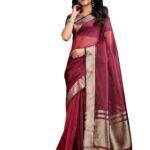 Astita Traditional Organza Saree, Maroon with Gold Border, Handloom Weave