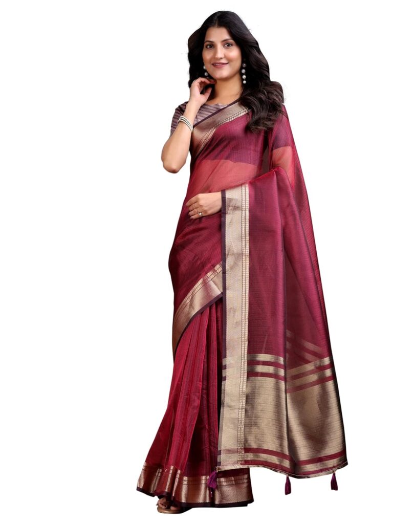 Astita Traditional Organza Saree, Maroon with Gold Border, Handloom Weave