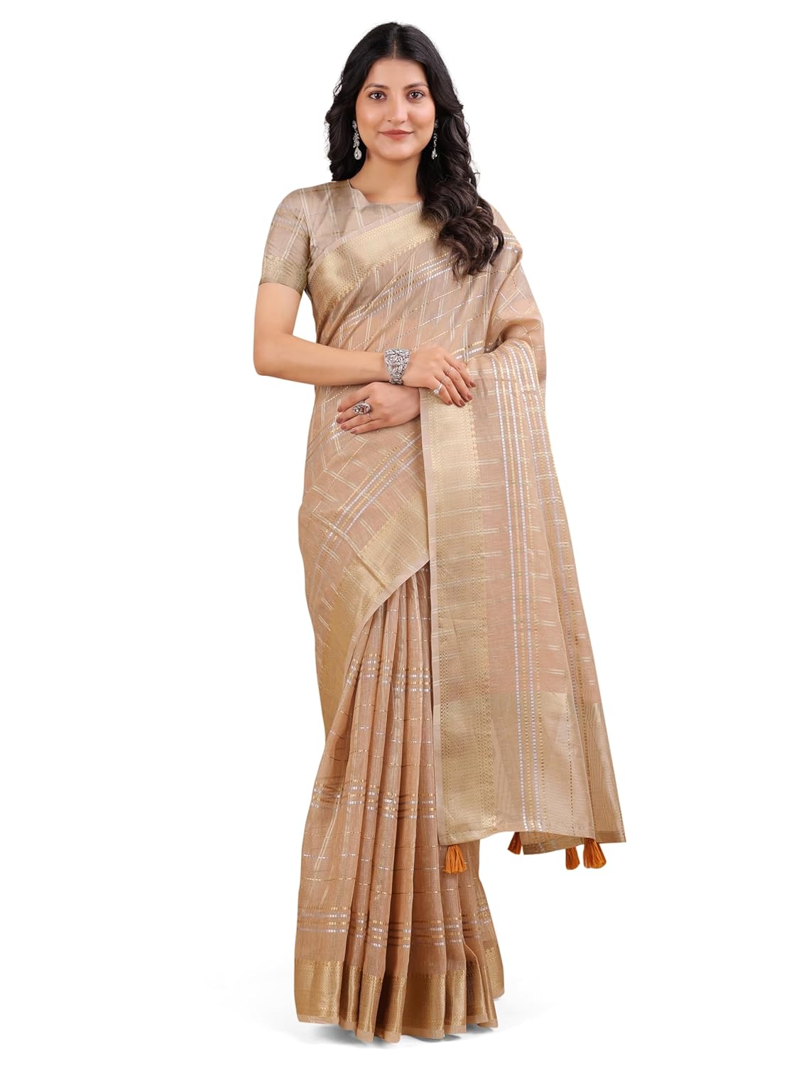 Astita Traditional Organza Silk Saree, Cream and Gold, Metallic Striped Pattern with Zari Work