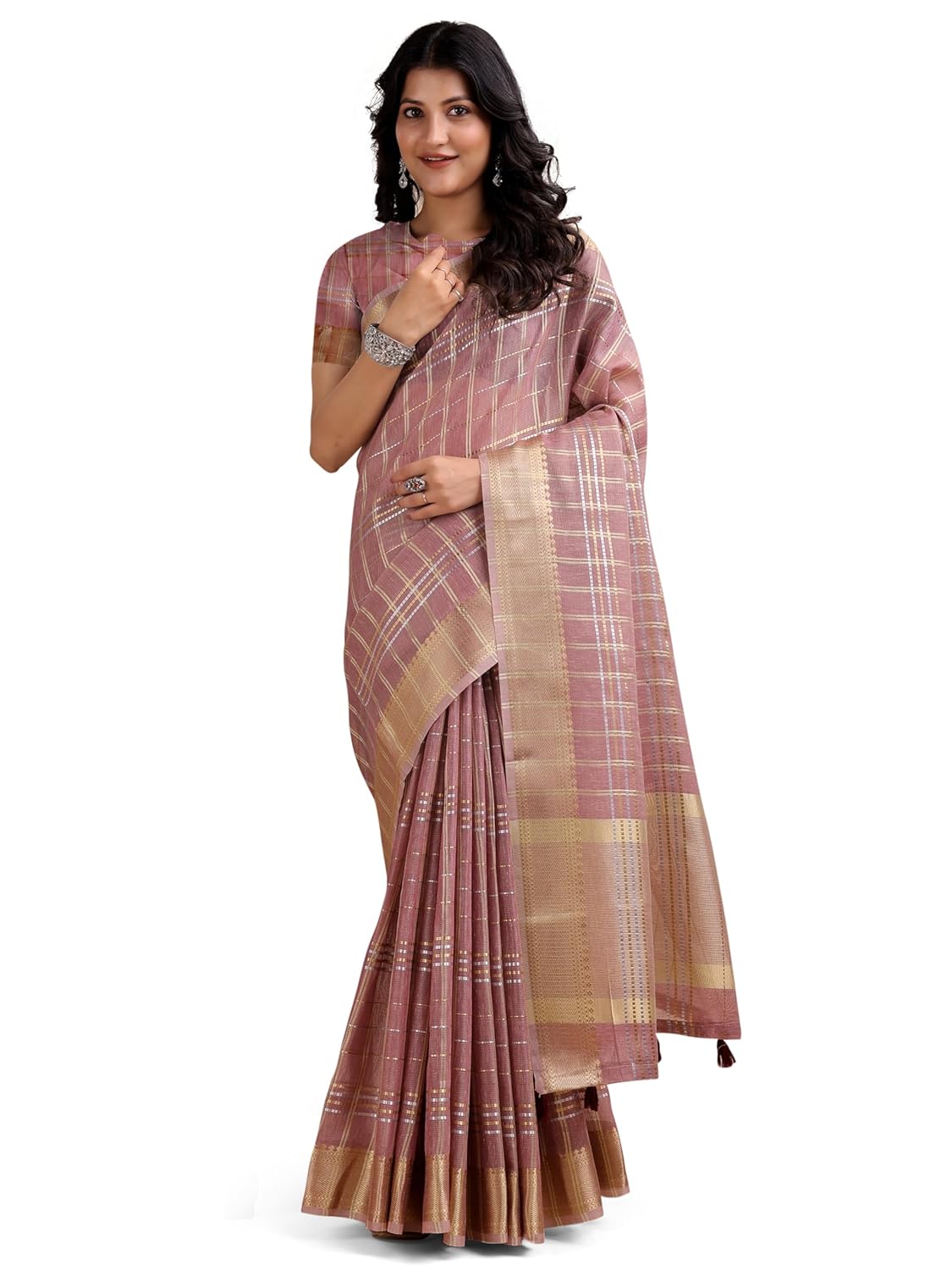 Astita Traditional Organza Silk Saree, Purple and Gold, Metallic Striped Pattern with Zari Work