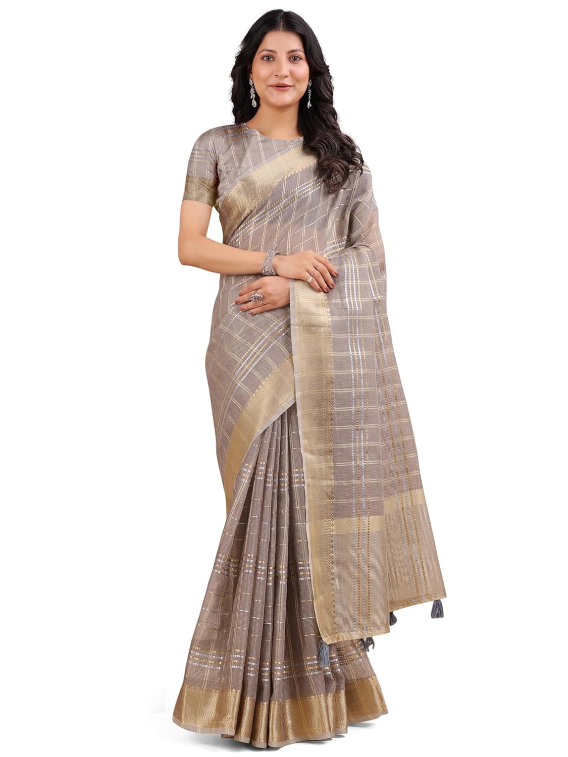 Astita Traditional Organza Silk Saree, Tan and Gold, Metallic Striped Pattern with Zari Border