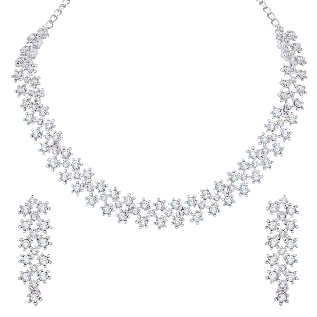 Atasi International White Stones/AD Diamond Necklace with Earrings – Jewellery Set for Women, Girls Best Suits for Party, Wedding and Festive Occasions