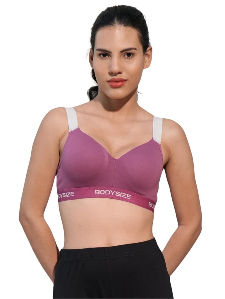 BODYSIZE Women’s High-Comfort Supportive Yoga Sports Bra with Wide Adjustable Straps, Padded, Soft Cotton Lycra, 4-Way Stretch, Wire-Free