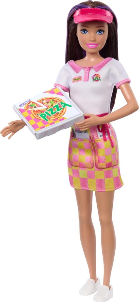Barbie Skipper Doll with Accessories, Pizzeria Waitress Doll with Pizza & Takeout Box, Brown Eyes & Blue Eyes Doll