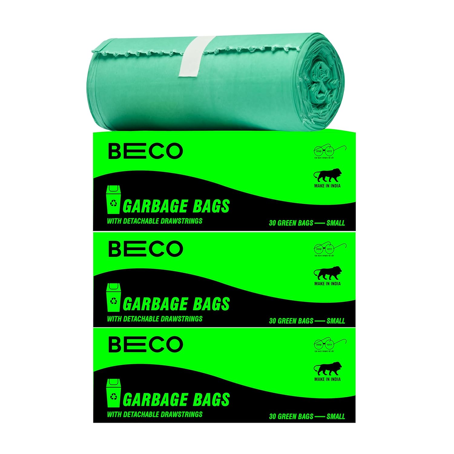 Beco Eco-Friendly Garbage Bags | 90 Pcs | Small- 17 x 19 Inches | 30 Bags x 3 Rolls | Green | Dustbin/Trash Bags with Detachable Drawstrings | For Dry & Wet waste