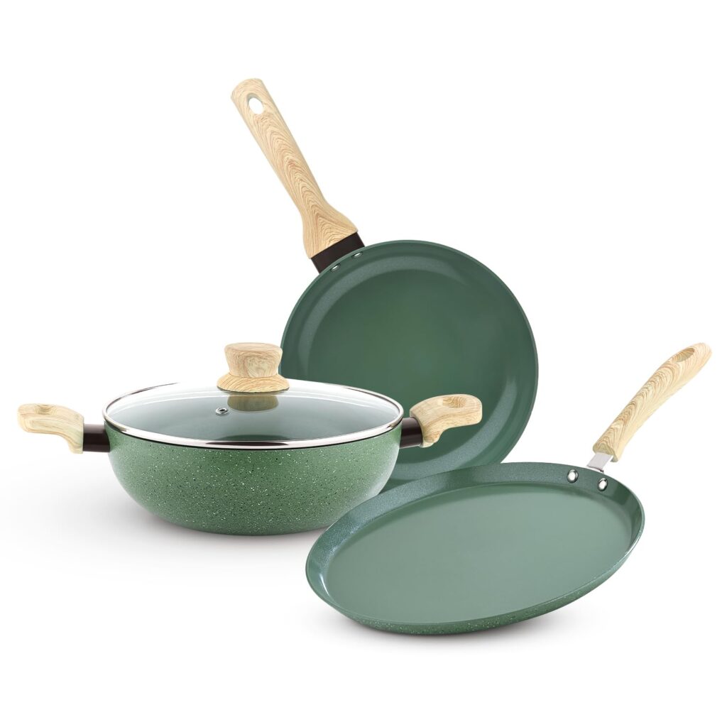 Bergner Greenfield Non-Stick 4 Pcs Cookware Set – 24cm (2.5 L) Kadai with Glass Lid, 24cm Frypan and 28cm Tawa, Ceramic Coating, Even Heat Distribution – Induction Bottom, Diwali/Anniversary Gifting
