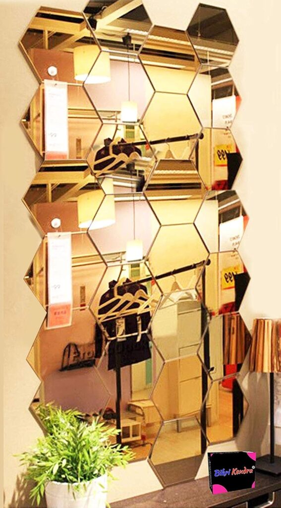 Bikri Kendra – 28 Hexagon Golden Mirror Stickers for Wall, Hexagon Mirror, Acrylic Hexagonal, Wall Stickers for Hall Room, Bedroom, Living Room
