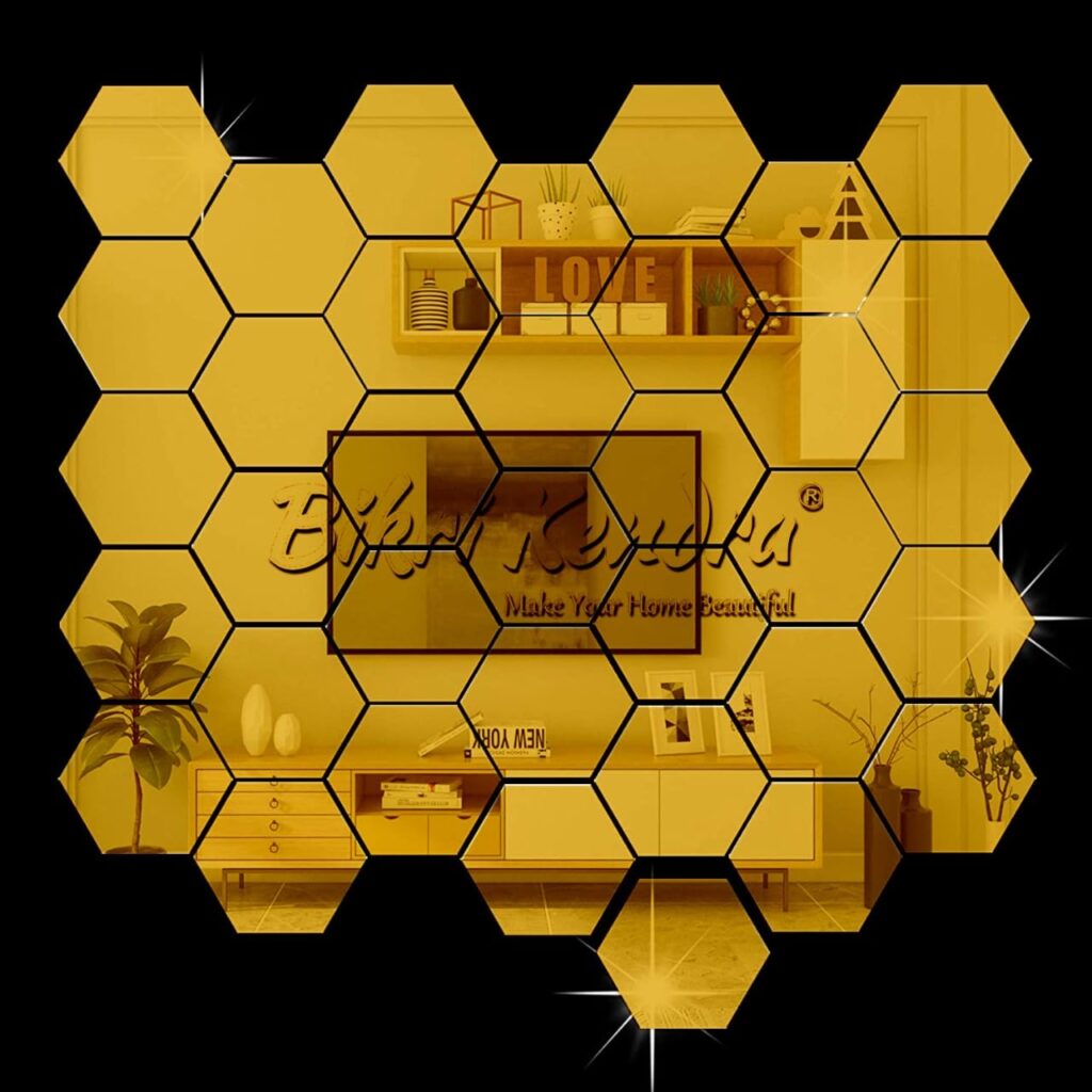 Bikri Kendra – 32 Hexagon with 20 Butterfly Golden Stickers for Wall, Hexagon Mirror, Acrylic Mirror, Wall Mirror Stickers, Wall
