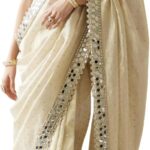 Bollywood Mirror Work Saree in Organza Fabric with 5mm Sequins & Heavy Embroidery Lace Border | Mono Silk Blouse Unstitched.