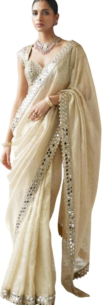 Bollywood Mirror Work Saree in Organza Fabric with 5mm Sequins & Heavy Embroidery Lace Border | Mono Silk Blouse Unstitched.