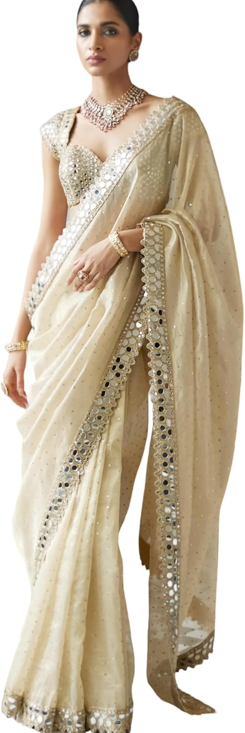 Bollywood Mirror Work Saree in Organza Fabric with 5mm Sequins & Heavy Embroidery Lace Border | Mono Silk Blouse Unstitched.