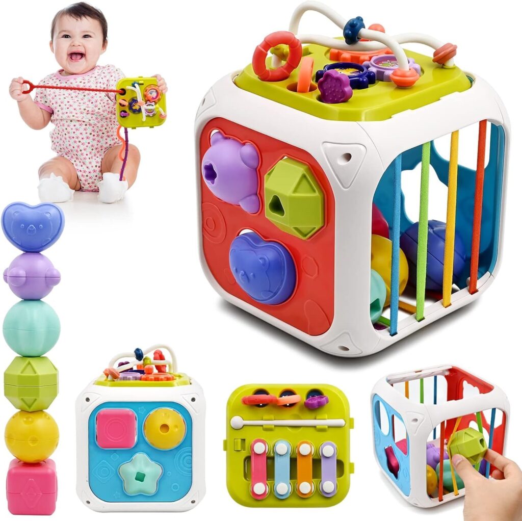 Brand Conquer Montessori 7 in 1 Baby Sensory Toys for Kids Educational Learning Shape Sorter Activity Stacking Baby Toys Interactive Toy Fine Motor Skill (7 in 1 Cube 668-62)