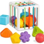 Brand Conquer Montessori Toys for 1 Year Old, Shape Sorter Baby Toys, Developmental Learning for Girls Boys Birthday Gifts, Colorful Cube and 6 Pcs Multi Sensory Shape (Small Activity Cube)