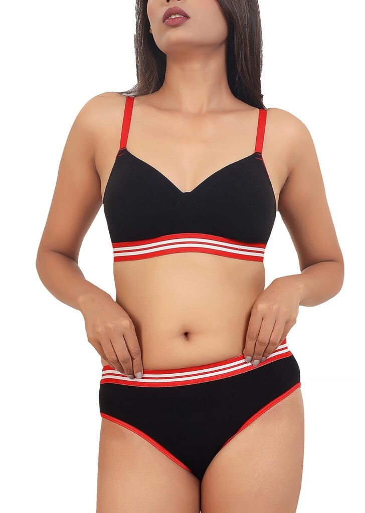 Briafinz Women’s Spandex & Nylon Blend Lightly Padded Non-Wired Push-up Polka Print Lingerie Set (BN005)