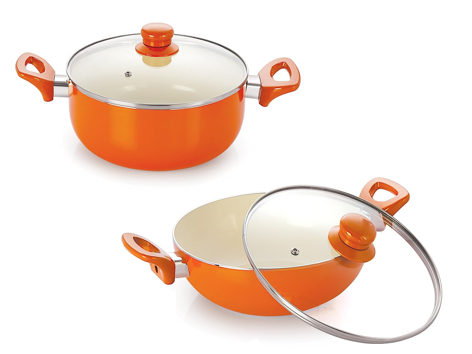 Classic Ceramic Non Stick cookware Induction Based Deep Kadhai with Glass Lid 3 LTR & Deep Casserole with Glass Lid 1.5 LTR – Set of 4 Piece