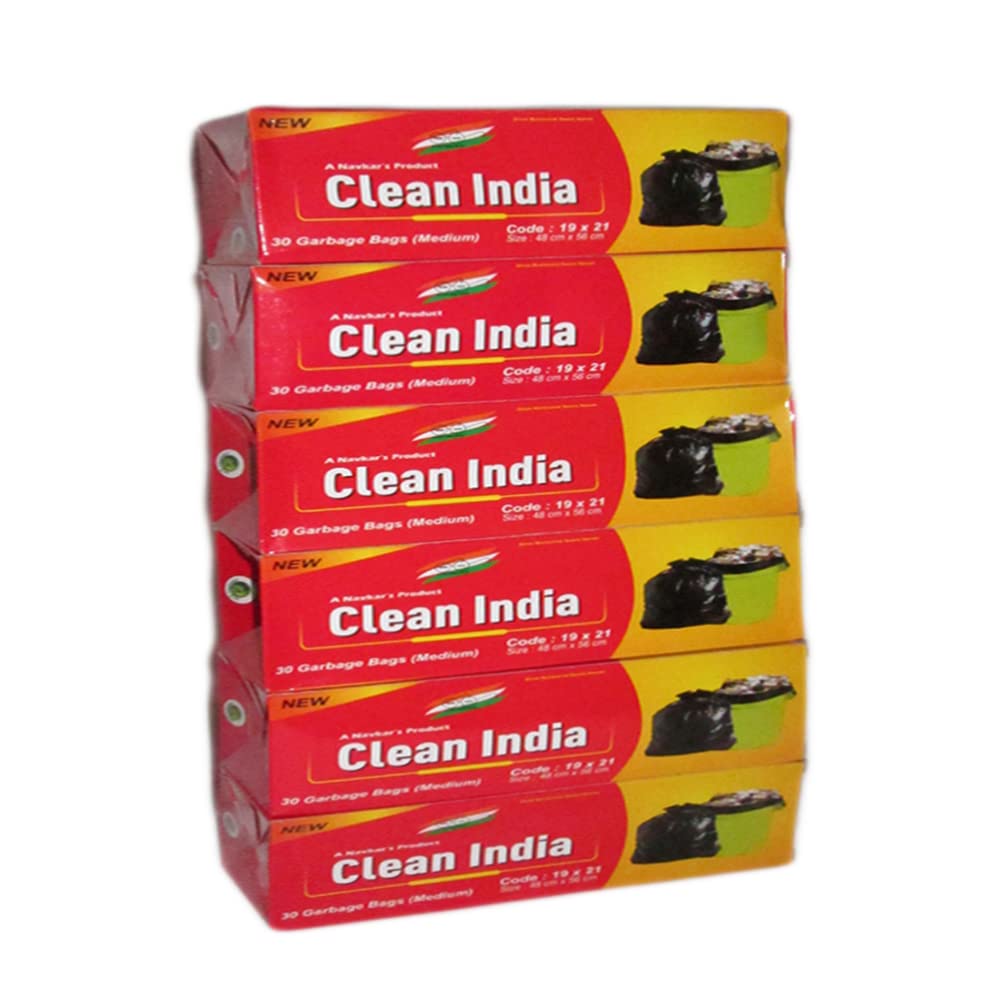 Clean India Black Garbage bag Medium Size combo | Pack of 6 Roll | 180 Bags | 48x56cm | 19x21in | compostable | biodegradable | Suitable for Home Kitchen Toilet Office Dustbin