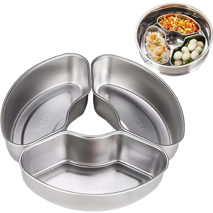Clickswift Set of 3Pcs 304 Stainless Steel Fan-Shaped Steamer Box Tray for Instant Pot Air Fryer to Quick Prepare Meal for Multiple Ingredients Food Steaming Bowl Kitchen Accessories (Sliver)