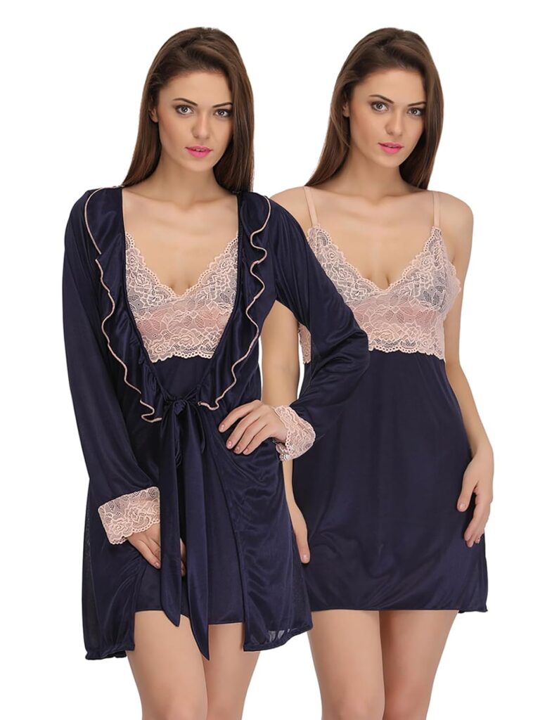 Clovia Satin Short Lace Nightie with Robe