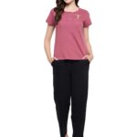 Clovia Women’s Cotton Printed Top & Basic Pajama Set-Purple Clovia Women’s Cotton Printed Top & Basic Pajama Set-Purple