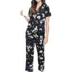 Clovia Women’s Crepe Printed Button Down Shirt & Pyjama Set – Black