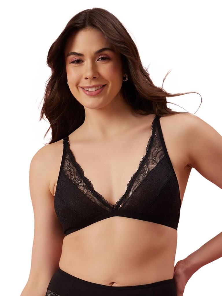 Clovia Women’s Lace Solid Non-Padded Demi Cup Wire Free Plunge Bra – Black