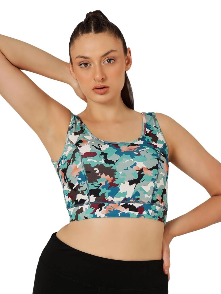 Clovia Women’s Polyester Medium Impact Padded Non-Wired Camouflage Print Sports Bra