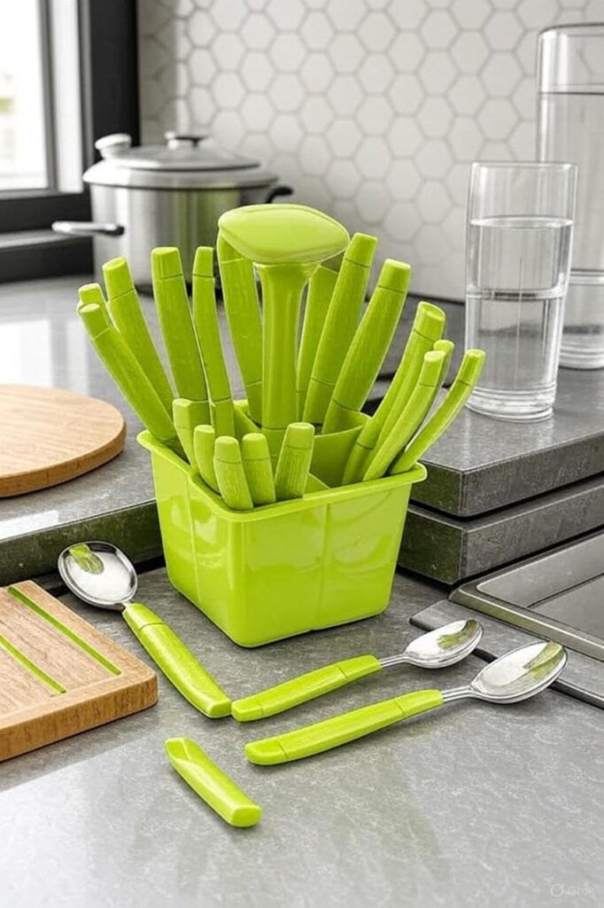 Cutlery Set 24 Pieces Lily Stainless Steel with Stand (Contains 6 Dinner Spoons, 6 Tea Spoon, 6 Dinner Fork, 6 Soup Spoons, 1 Stand) Spoon Set for Dining Table Stylish, Mirror Polished (Green)