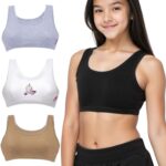 DChica Essentials Sports Bra for Girls, Cotton Non-Padded, Non-Wired Beginner T-Shirt Gym Workout Bra with Regular Strap, Training Bra for Teenagers (Pack of 4) Solid & Printed_Color May Vary