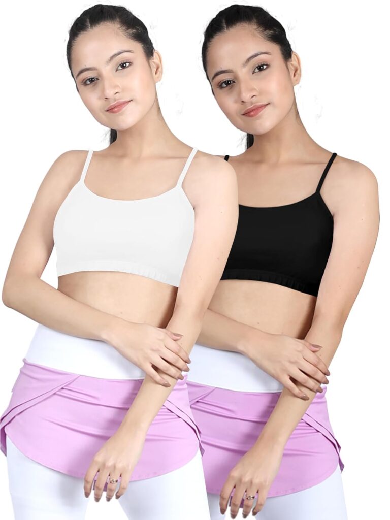 DChica Essentials Thin Strap Sports Bra for Girls (Pack of 2) Cotton Non-Padded Beginners Bra, Non-Wired Teenager Bras for Gym, Workout, Yoga Slip-on Kids Double Layered Full Coverage Bra
